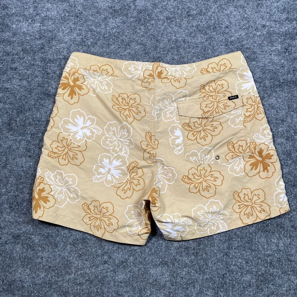 RVCA Mens Board Shorts Tan White Hibiscus Floral Print Swim Trunks Size‎ 36